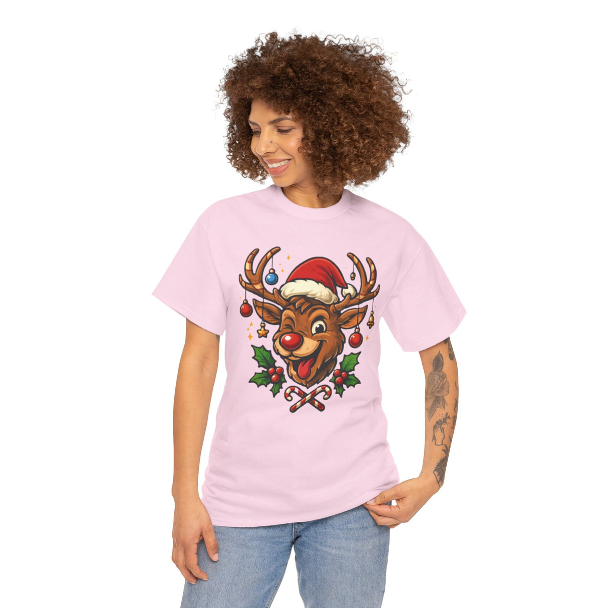 Casual winter day outfit featuring the Christmas Reindeer Tee for a warm and fun holiday season.