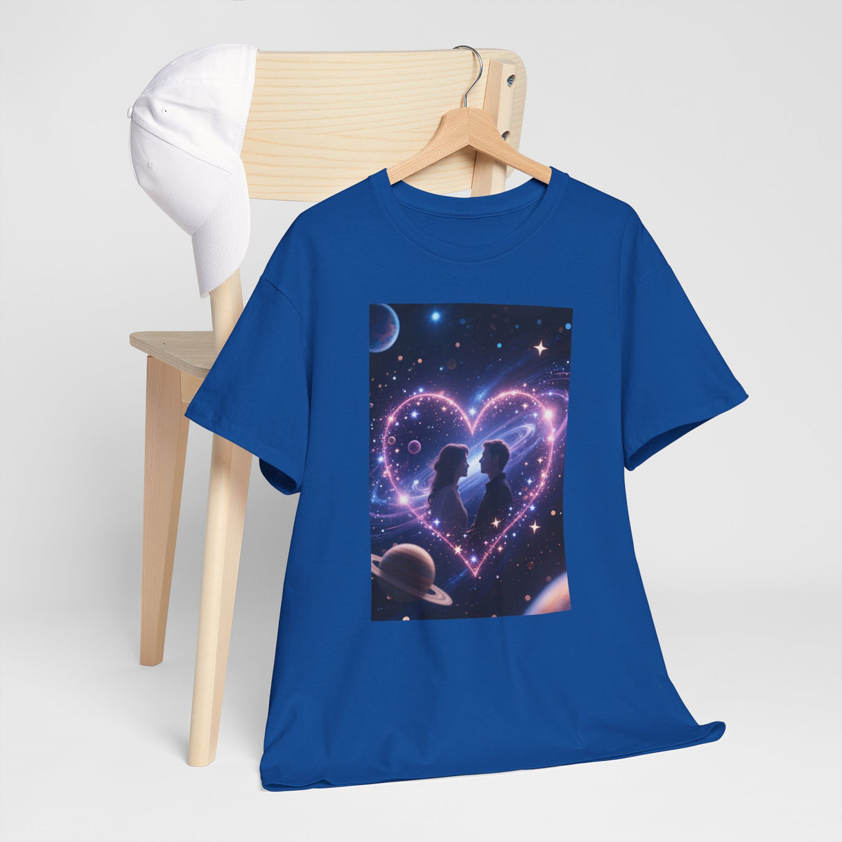 A lifestyle shot of the Galaxy Heart Couple T-Shirt taken outdoors during a nighttime stroll, emphasizing comfort and style.
