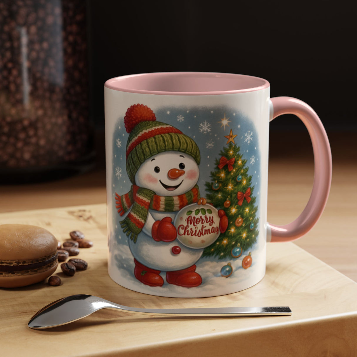 Christmas Snowman Coffee Mug featuring a cheerful smiling snowman beside a twinkling Christmas tree, perfect for warm holiday beverages.
