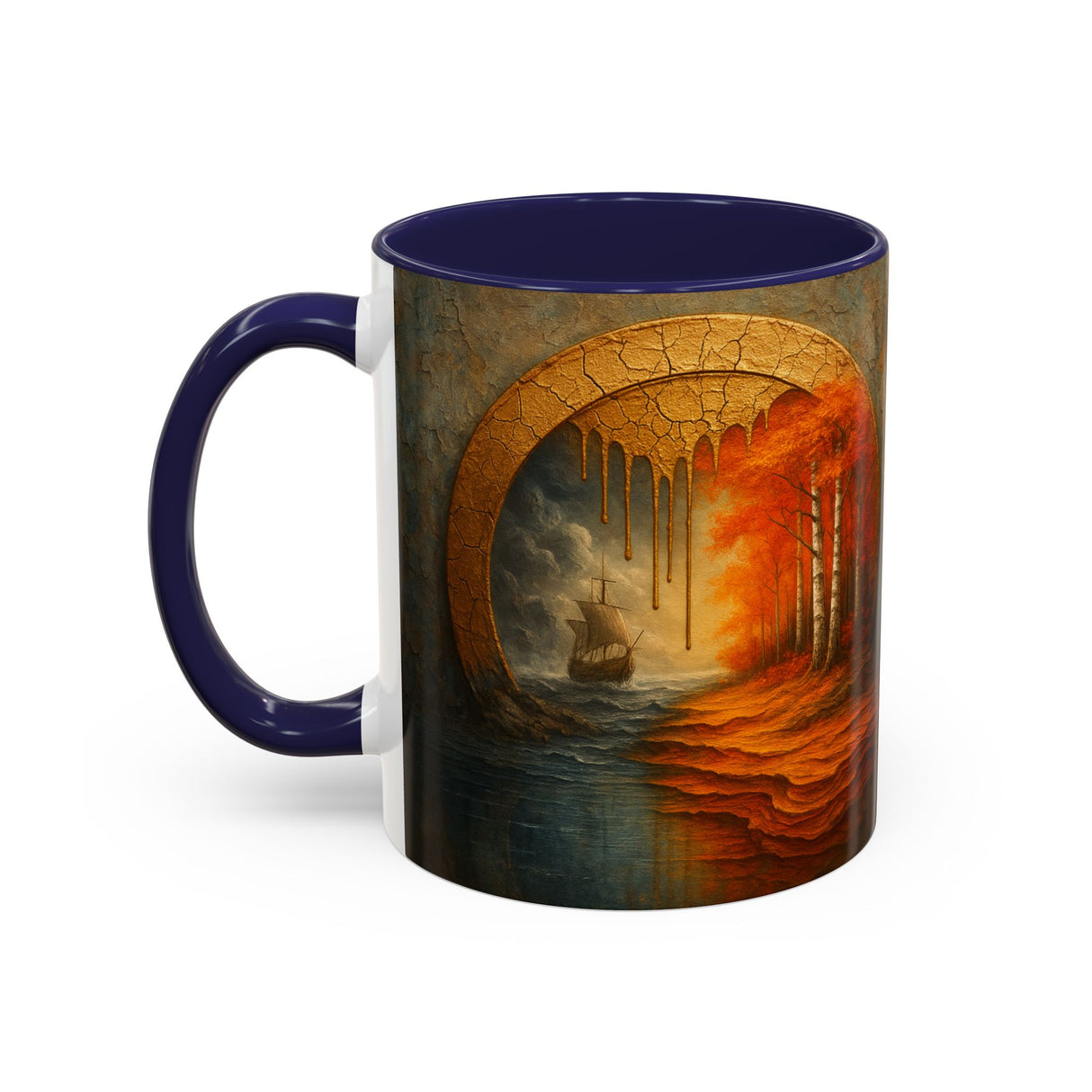 Close-up of the Autumn Portal Coffee Mug showcasing detailed print and vibrant colors.