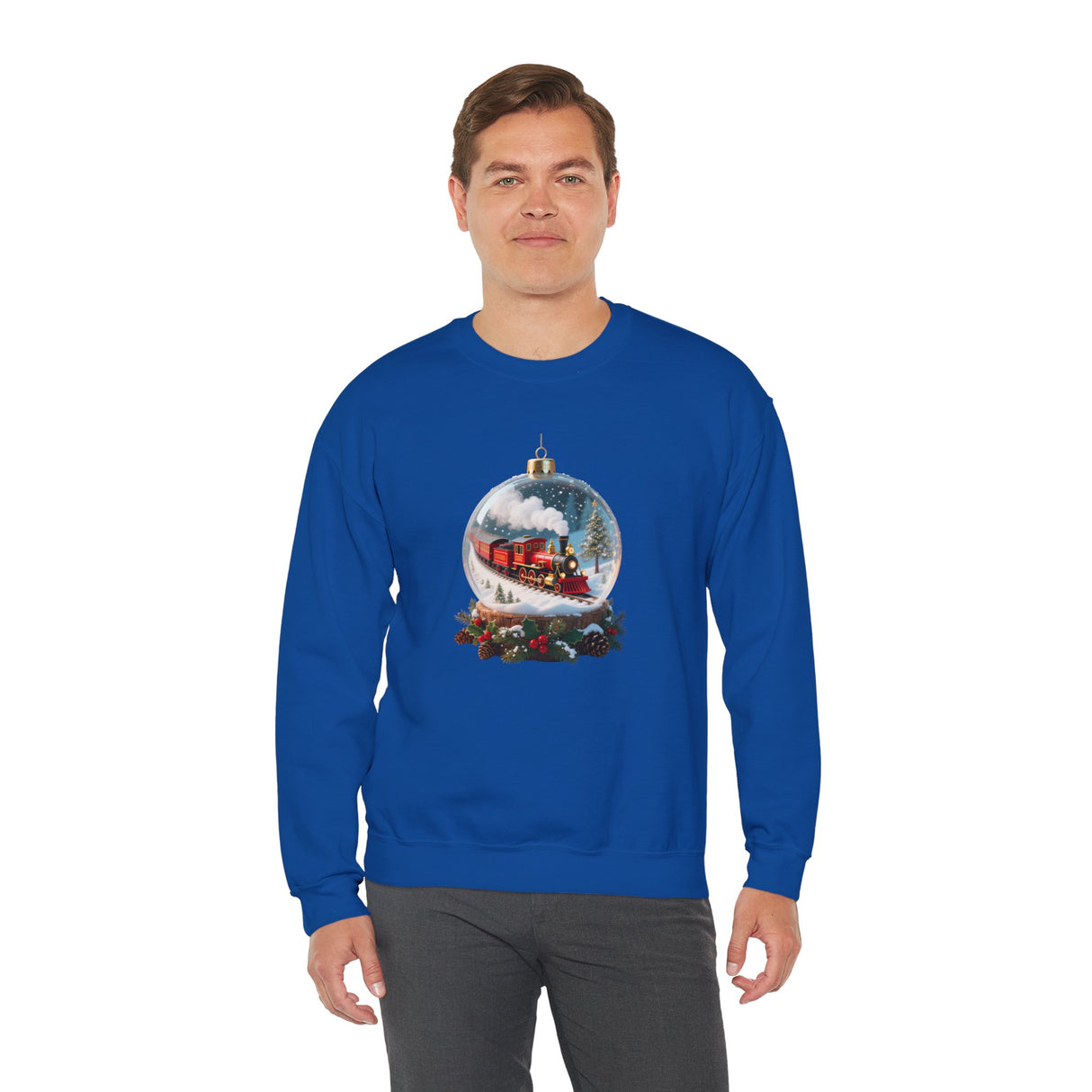 Woman wearing the Christmas Train Snow Globe Sweatshirt, enjoying holiday festivities in warm and comfy style.