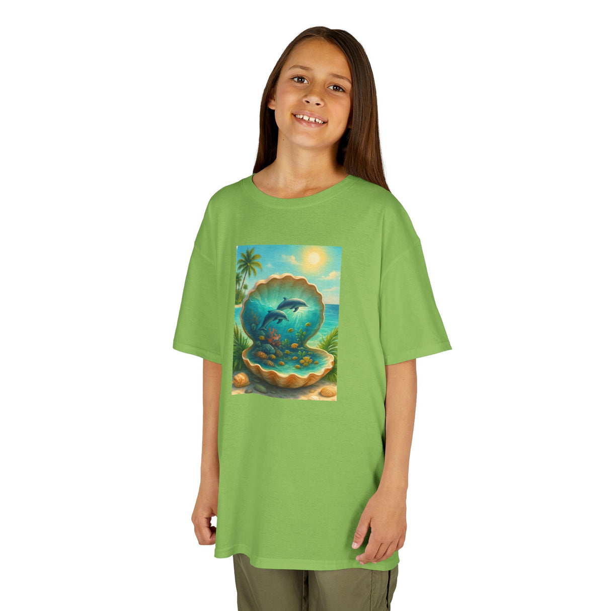 Kids wearing the Kids Tee — Ocean Pearl Dolphin Shell Beach Graphic while playing at the beach.