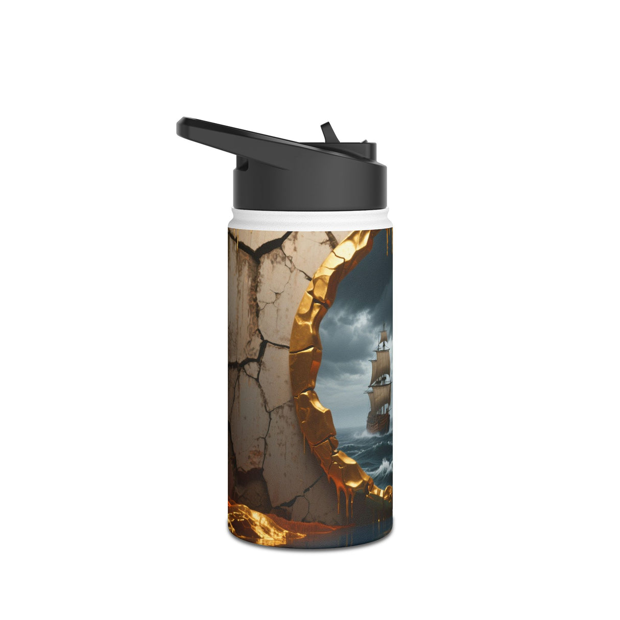 Autumn Voyage Stainless Steel Water Bottle in 12oz size, highlighting its portability for short outings.