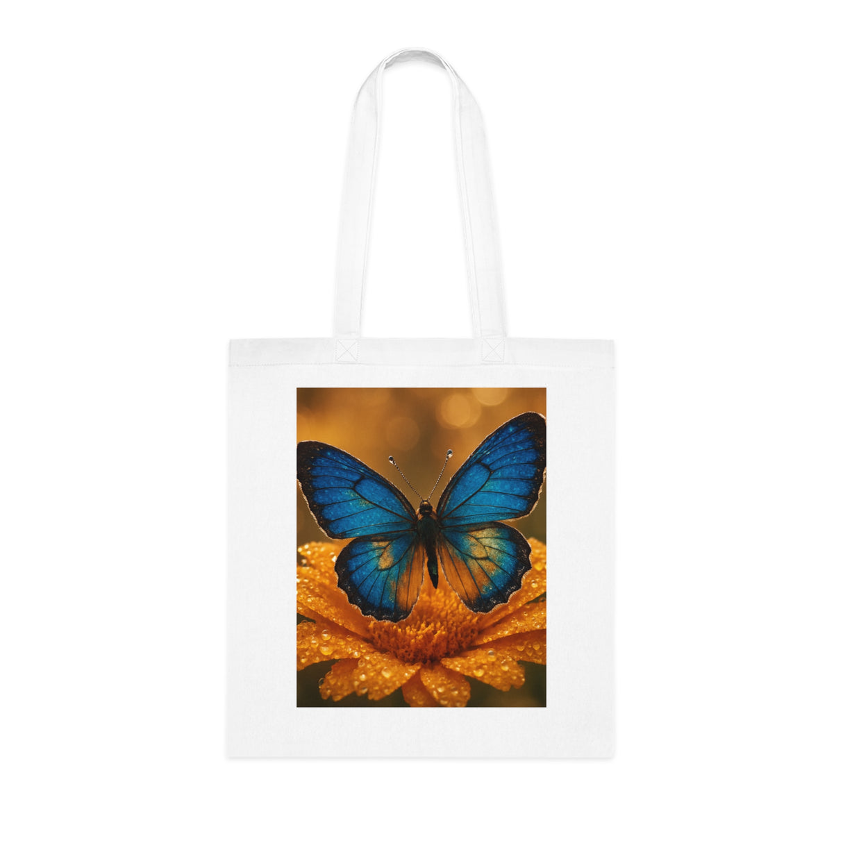Blue Butterfly Cotton Tote — Nature Floral Reusable Shopper Bag photographed against a nature backdrop, standing out with vibrant colors.