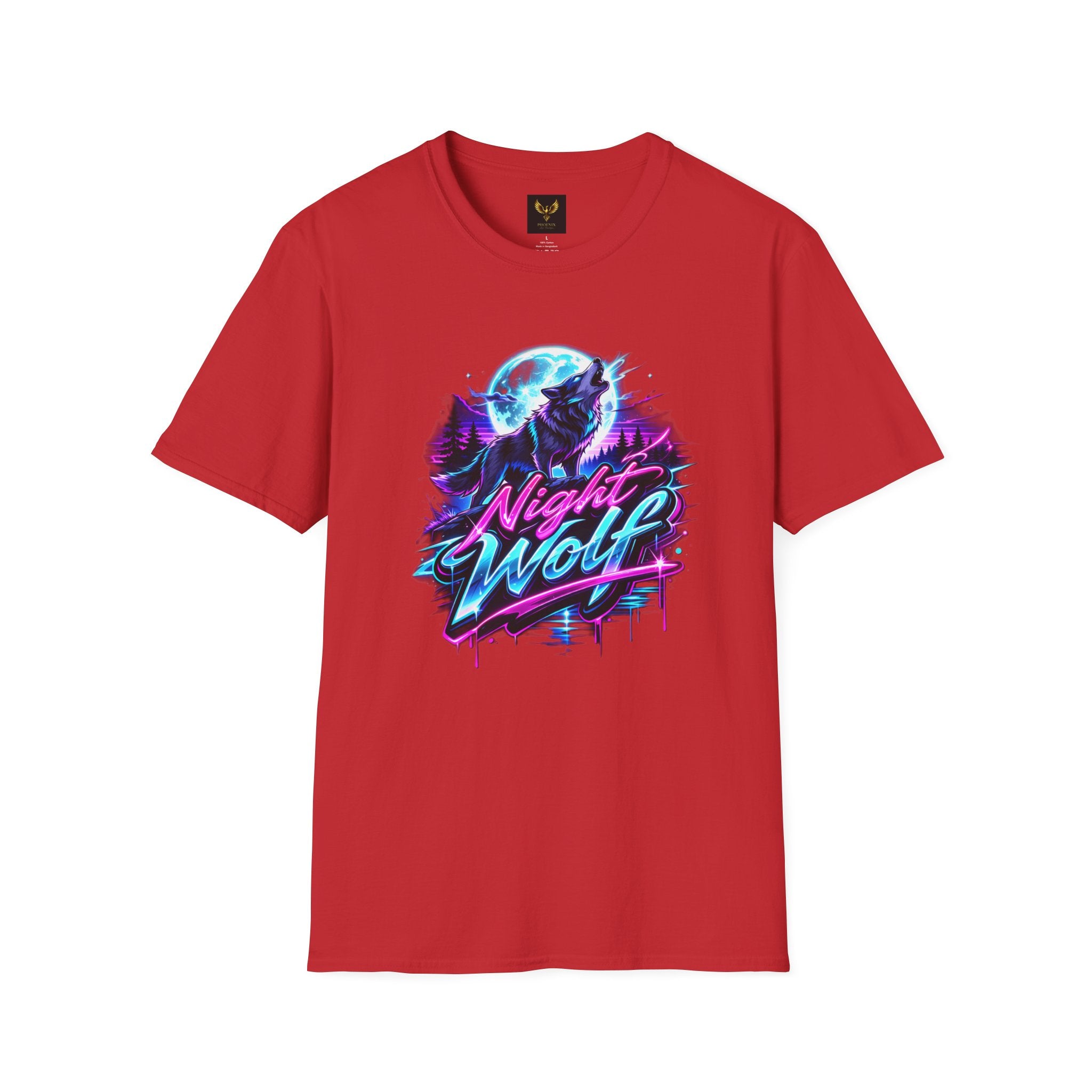 Night Wolf T-Shirt Retro Neon Wolf Graphic Tee Red