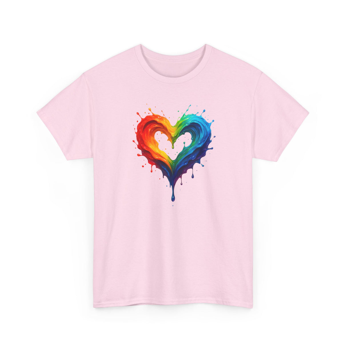 Rainbow Drip Heart T-Shirt laid on a textured surface, allowing the colorful heart design to be the focal point.