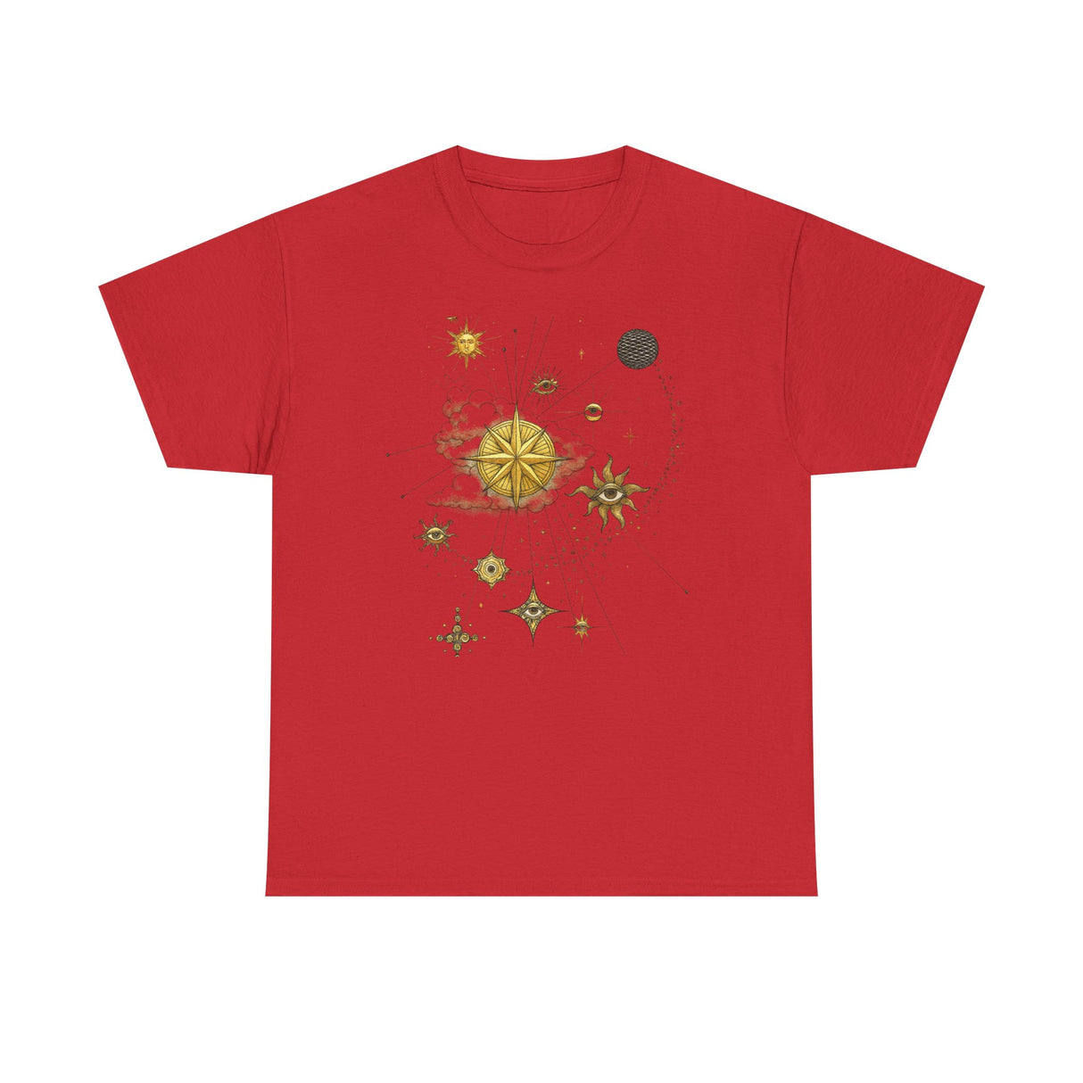 The Celestial Gold Star Map T-Shirt paired with casual attire for a perfect outdoor look.