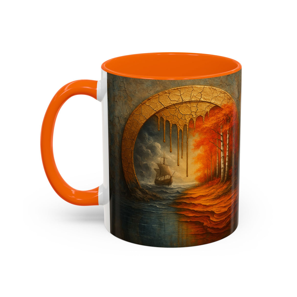 Flat lay of the Autumn Portal Coffee Mug and autumn elements, enhancing its seasonal design.