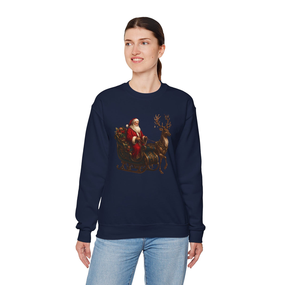 Detail of the stitching and fabric quality seen in the Winter Art Vintage Santa Sleigh Crewneck Sweatshirt, illustrating durability.