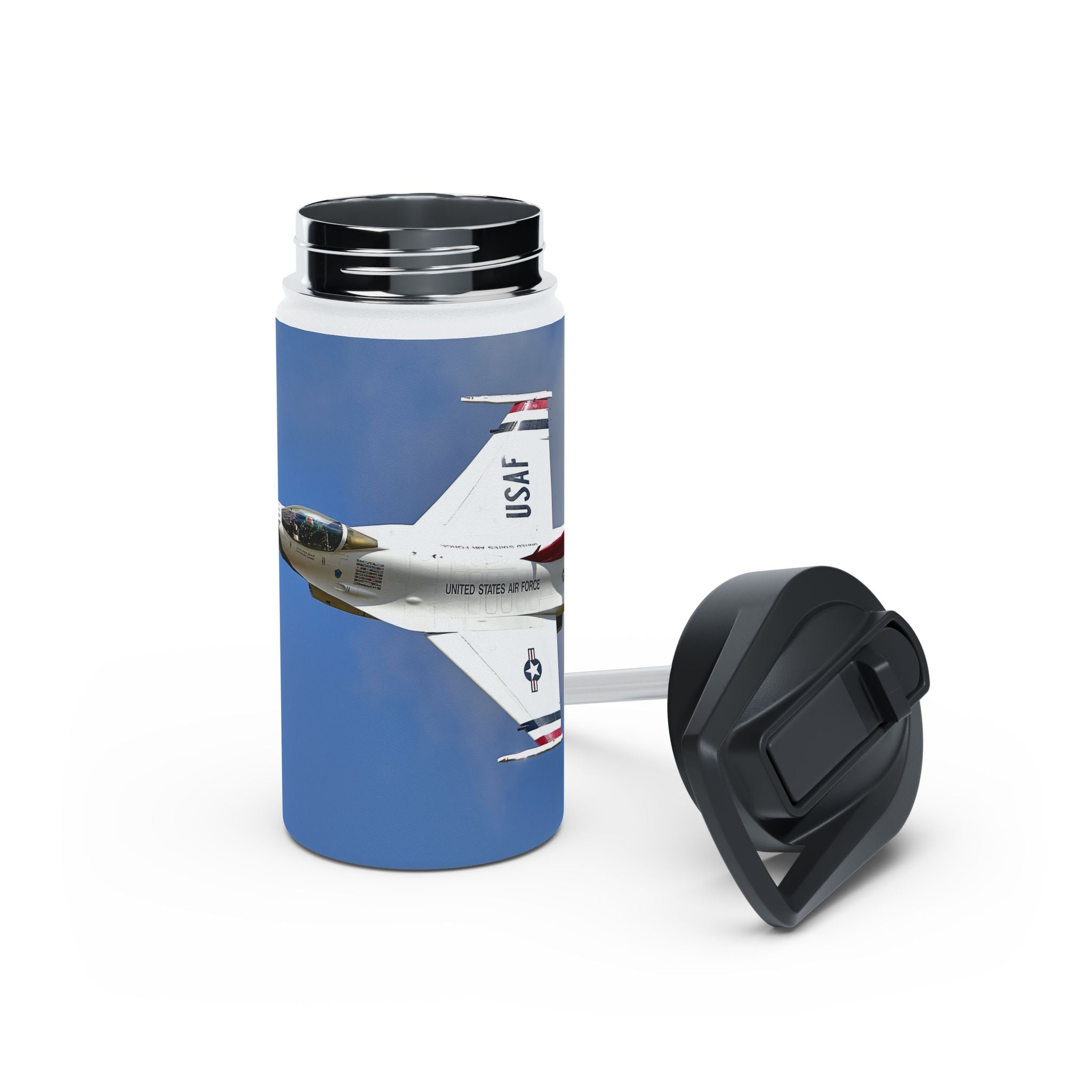 Lifestyle shot of Thunderbirds USAF Jet Stainless Steel Water Bottle in use during a road trip, reflecting the adventurous spirit of aviation enthusiasts.