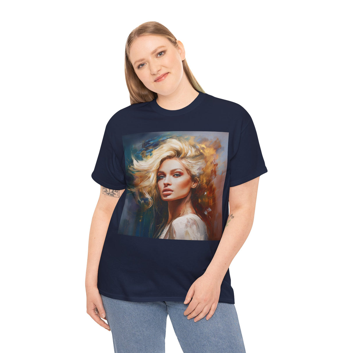 Full body shot featuring the Portrait Art T-Shirt styled with casual denim for an artful look.