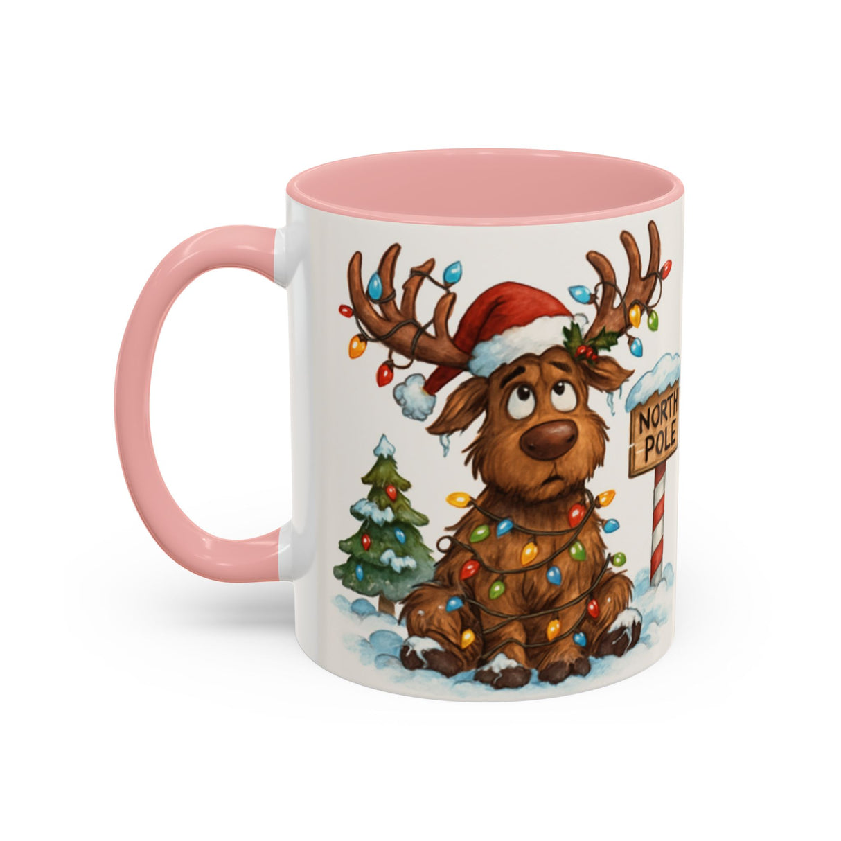 Charming Christmas Reindeer Coffee Mug showcasing playful holiday spirit with its festive design.