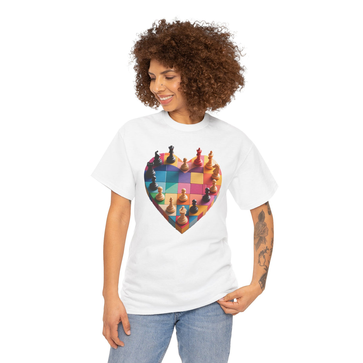 Chess Heart T‑Shirt lying flat to showcase its colorful graphic and fabric quality.