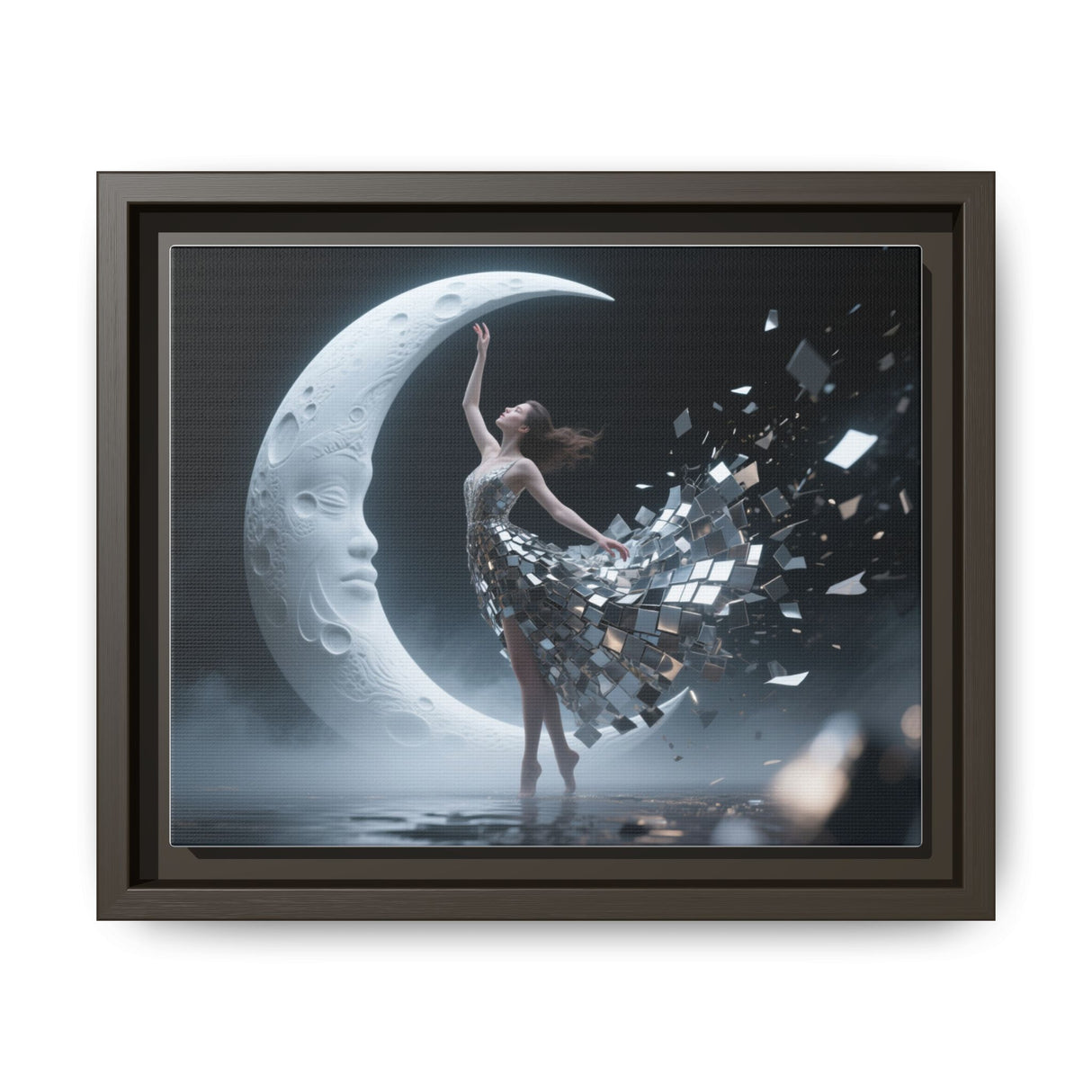 Framed Matte Canvas Art — Dancer & Moon Surreal Wall Decor presenting a peaceful dreamlike scene to enhance bedroom decor.