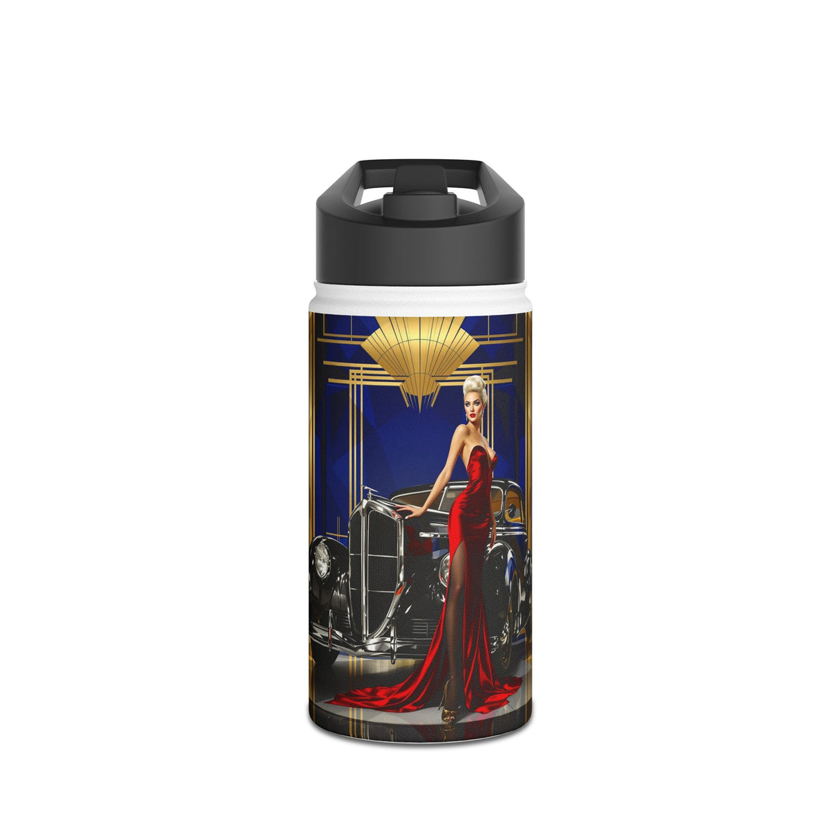 Art Deco Glamour Stainless Steel Water Bottle featuring Vintage Red Gown & Classic Car Design, showcasing a stylish matte finish.