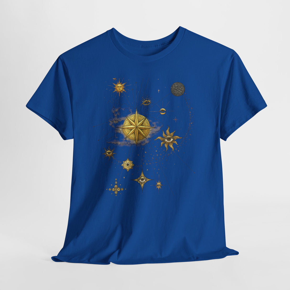 Celestial Compass Tee — Gold Star & Moon Astrology Graphic Shirt in a serene outdoor setting perfect for casual outings.