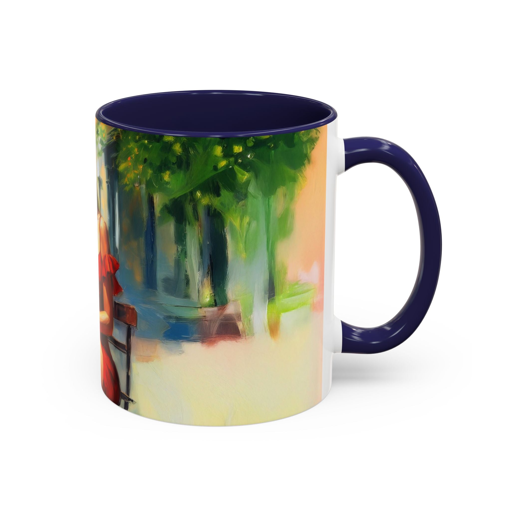 Artistic Red Dress Accent Coffee Mug - 11oz next to a plate of delicious cookies