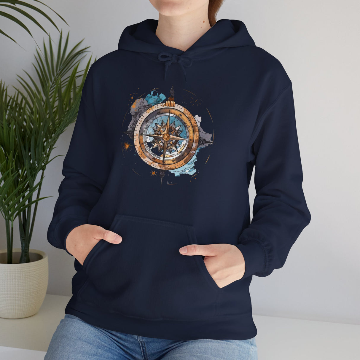 Detail of the double-lined hood on the Compass Rose Hoodie, designed for warmth and durability.