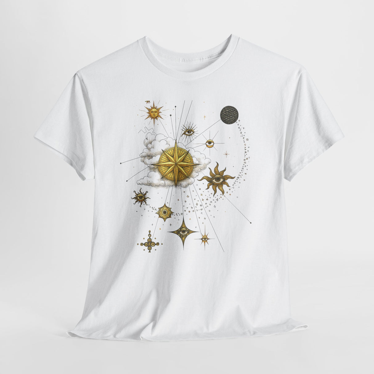 Celestial Compass Tee — Gold Star & Moon Astrology Graphic Shirt walking into natural light, highlighting its breathability.