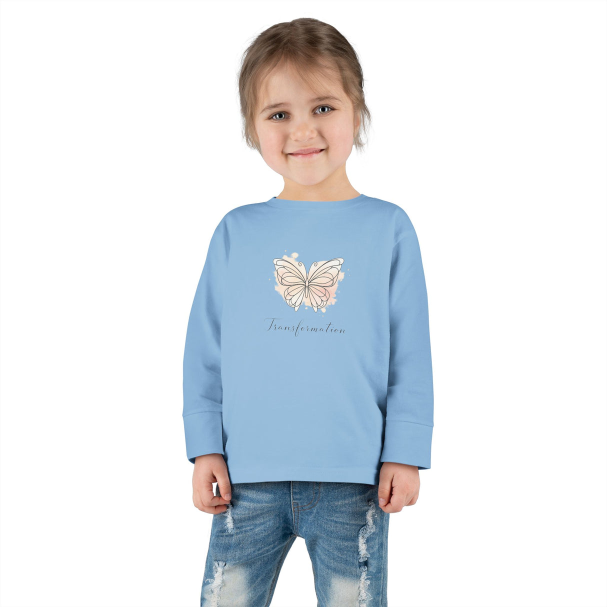 Transformation Pastel Butterfly Graphic Kids Shirt —Toddler Long Sleeve Tee