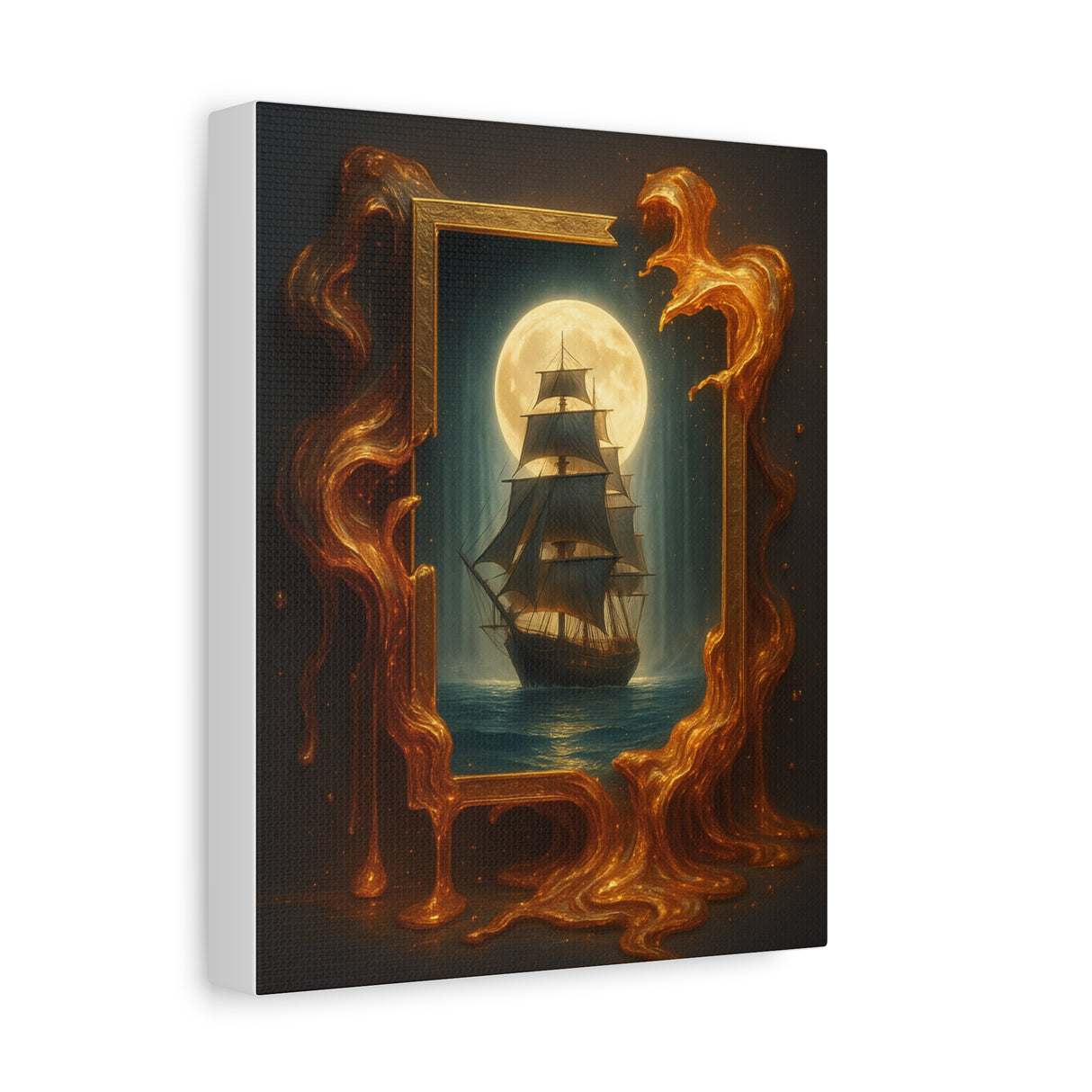 Close-up of the Sailing Ship Moonlight Canvas - Nautical Wall Art Matte Stretched, highlighting the canvas texture and vivid colors of the full moon and golden frame.