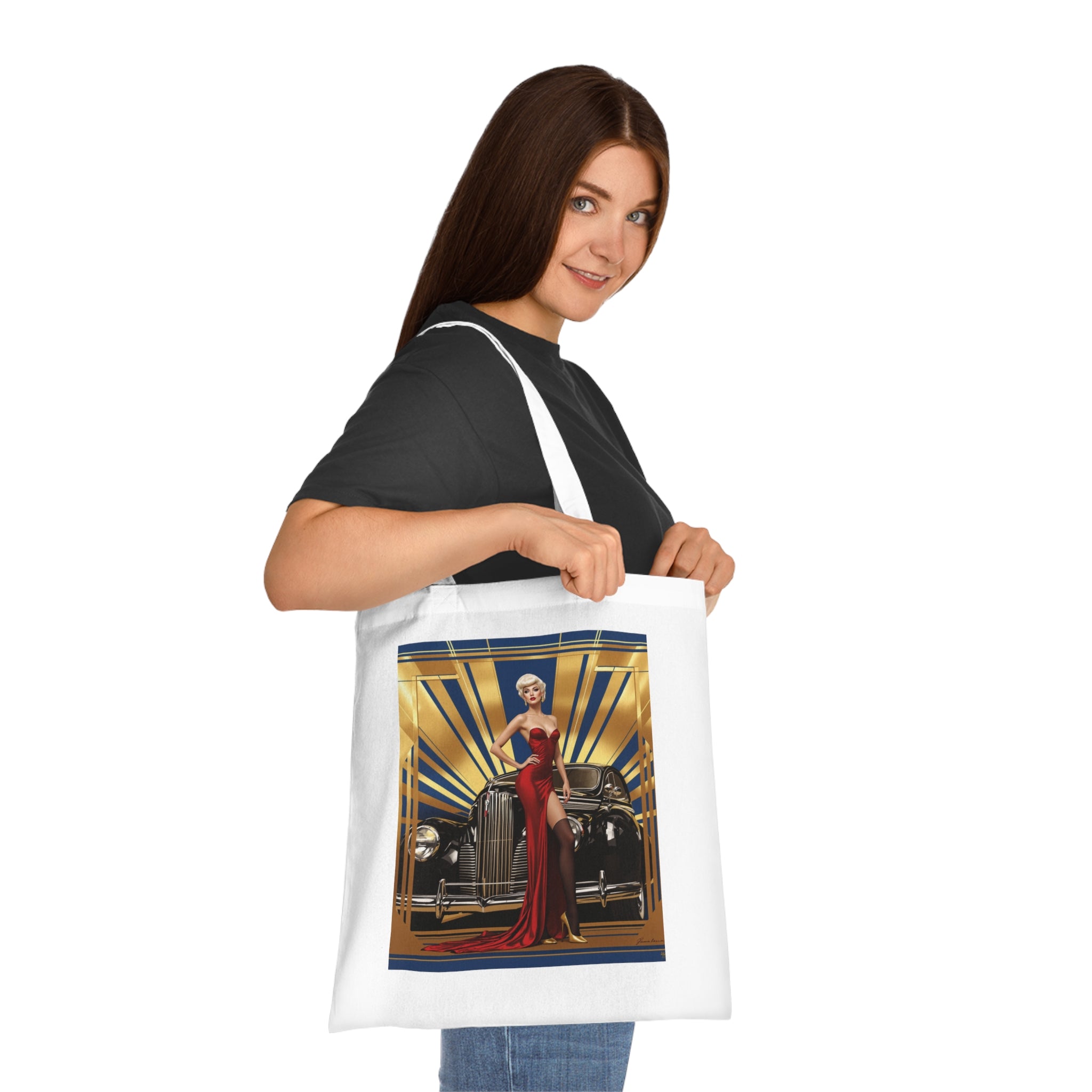 Functional use of the Vintage Glamour Cotton Tote Bag while running errands.