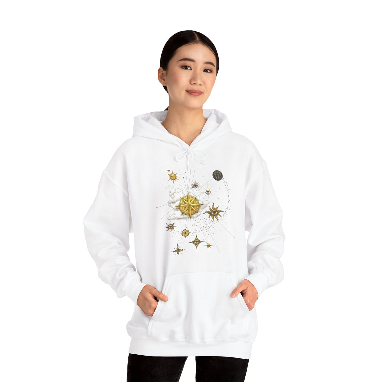 Close-up view of the intricate gold-toned celestial compass design on the front of the Celestial Compass Hoodie.