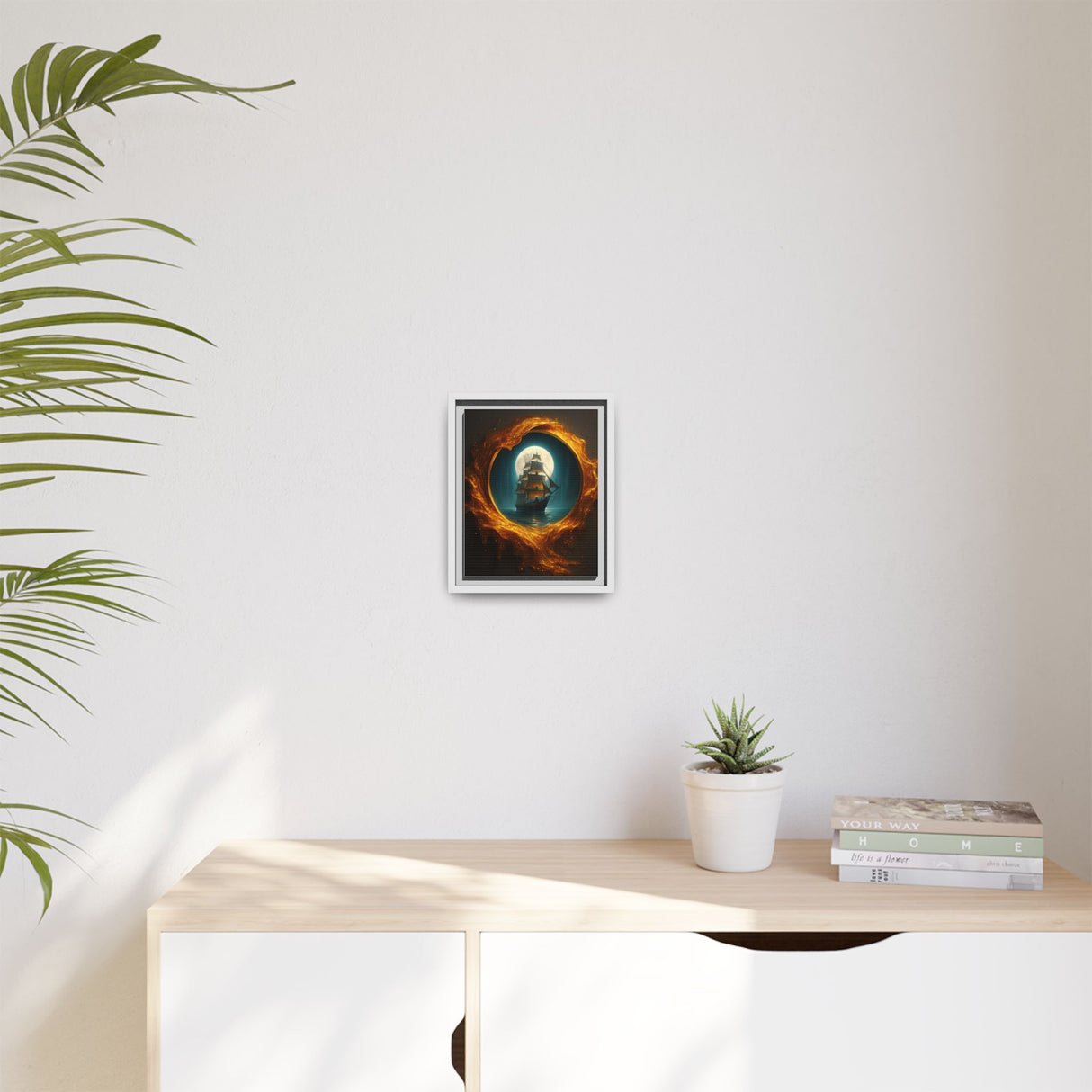 Framed Matte Canvas - Moonlit Pirate Ship with Fiery Vortex showcased in an artistic, airy room.