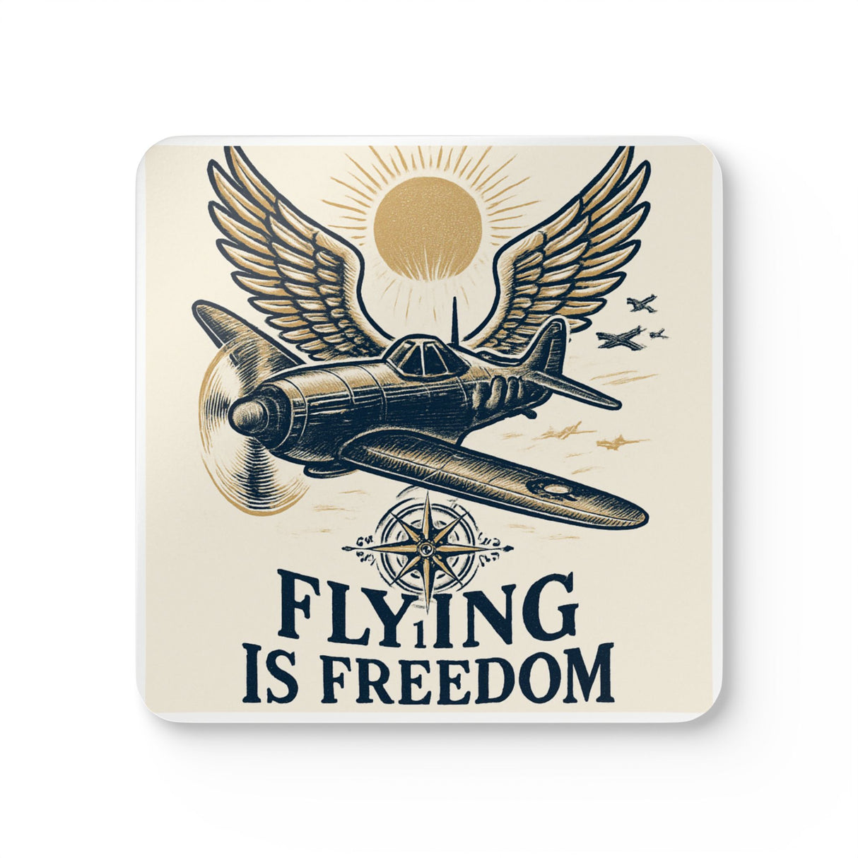 Flying Is Freedom Cork Coaster Set showcasing a vintage airplane design with colorful graphics and a glossy finish.