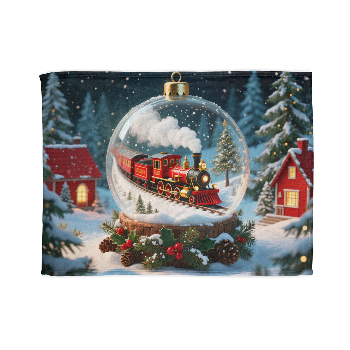 Christmas Train Snow Globe Blanket draped over a couch, showcasing its vibrant and nostalgic festive design.