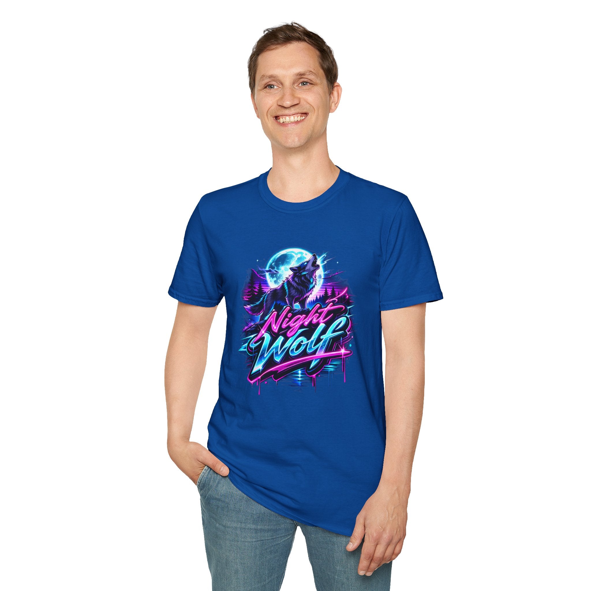Night Wolf T-Shirt Retro Neon Wolf Graphic Tee blue