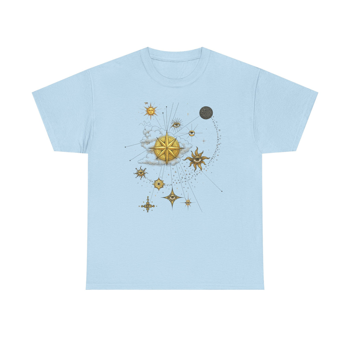 Flat lay of the Celestial Gold Star Map T-Shirt with a detailed view of the cosmic constellation print.