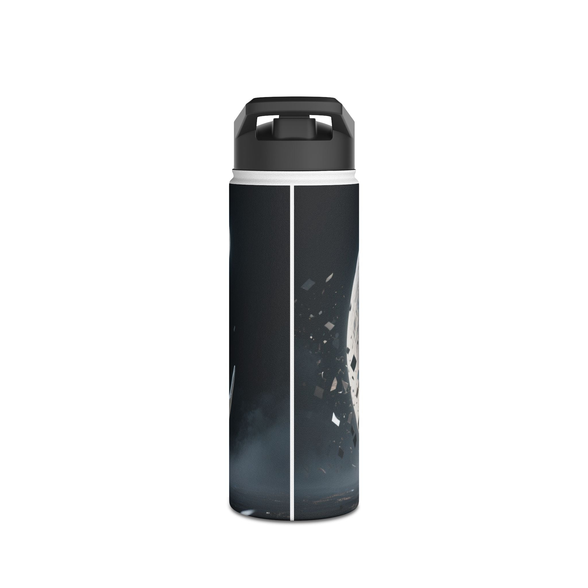 The Sunset Cove Stainless Steel Water Bottle displayed with a backdrop of coastal scenery and vibrant sunset colors.
