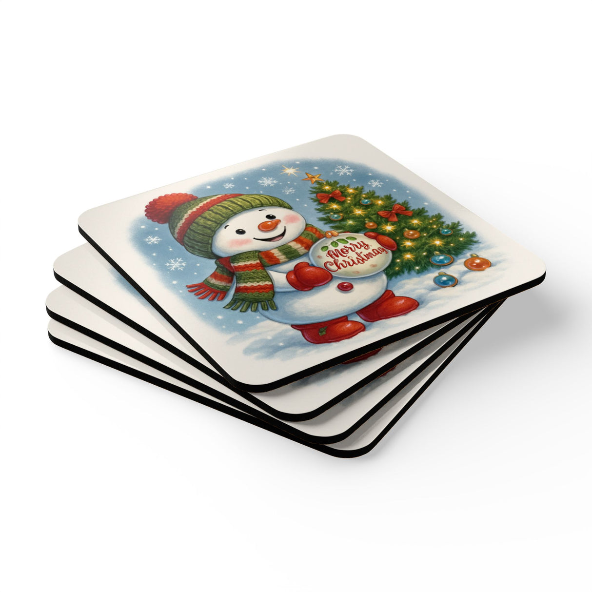 The cork backing of the Christmas Snowman Cork Coaster Set prevents sliding and protects surfaces, emphasizing functionality and style.