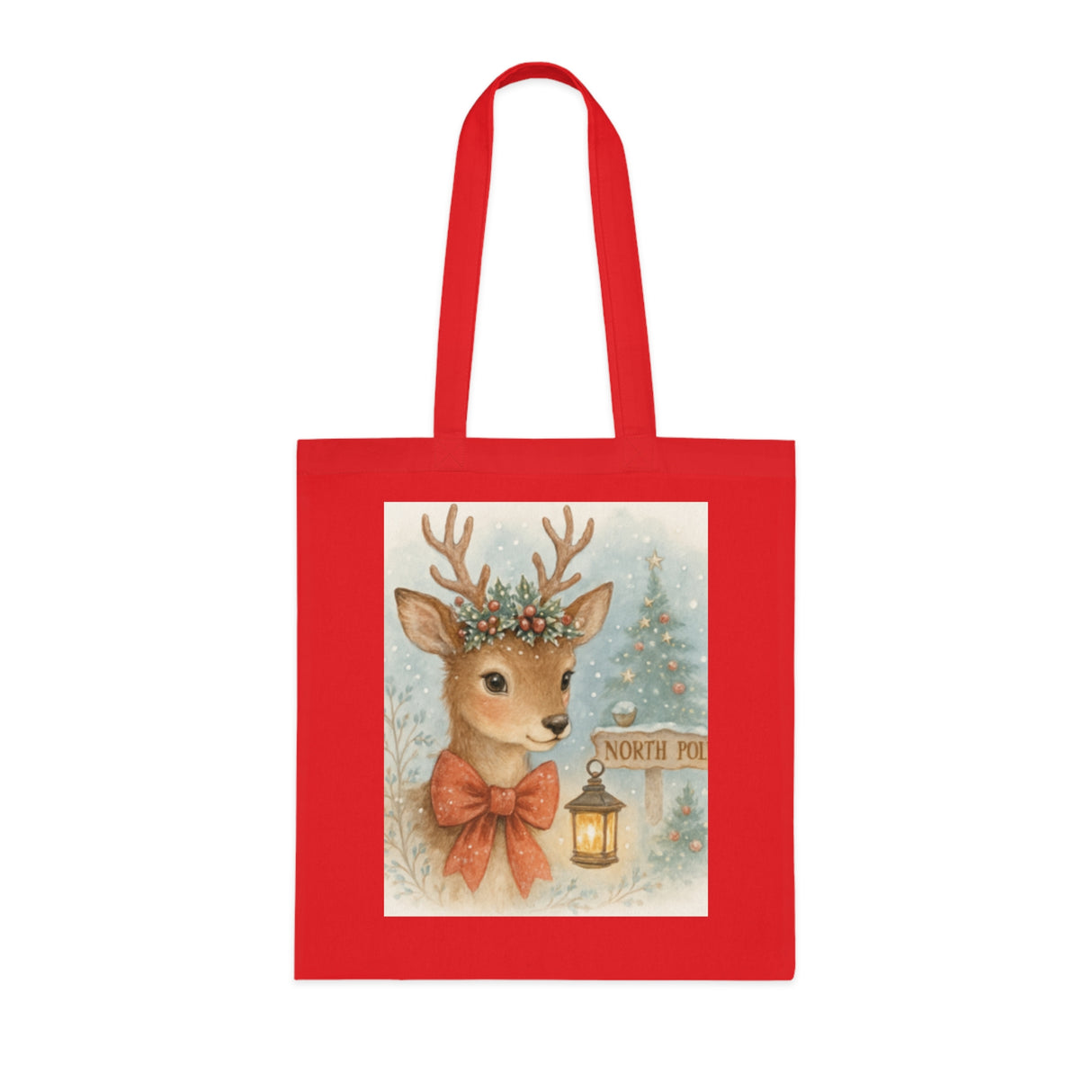 The Christmas Reindeer Tote Bag in use at a crowded market, emphasizing its flat-corner construction and neat silhouette.