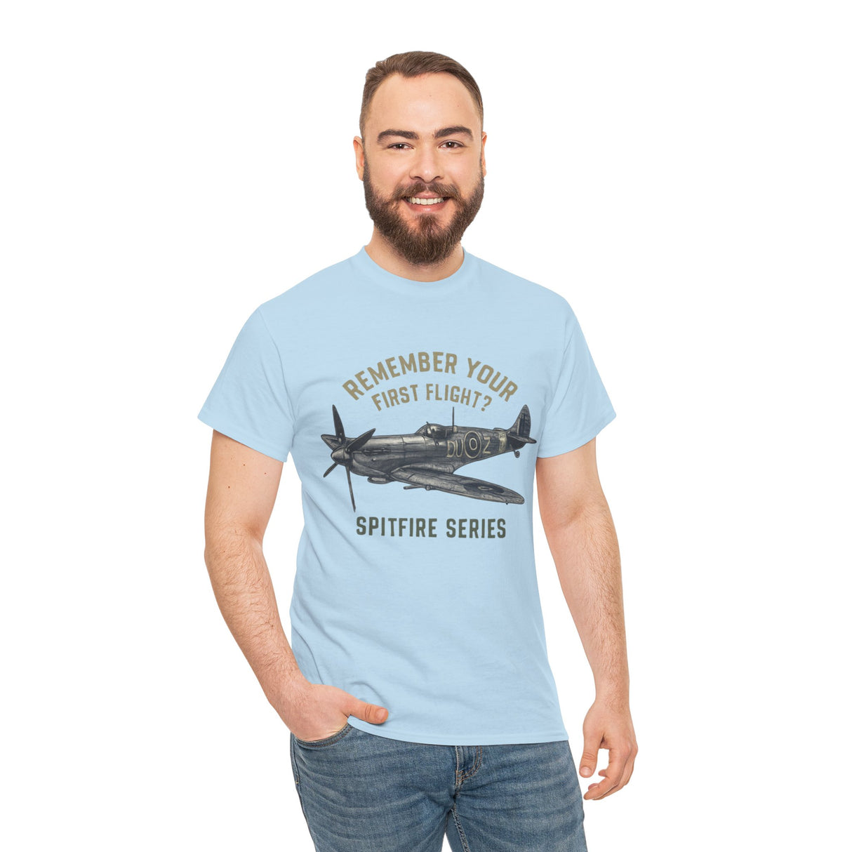 Spitfire Series T-Shirt featuring a vintage WWII plane illustration, titled 'Remember Your First Flight'.