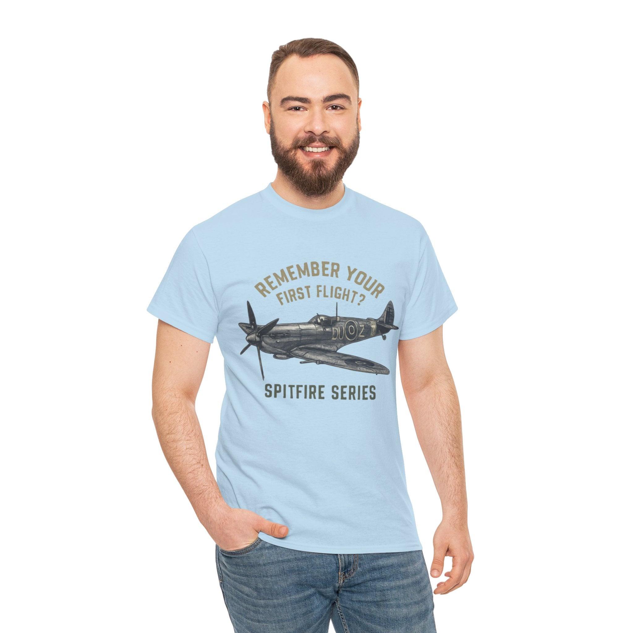 Spitfire Series T-Shirt featuring a vintage WWII plane illustration, titled &
