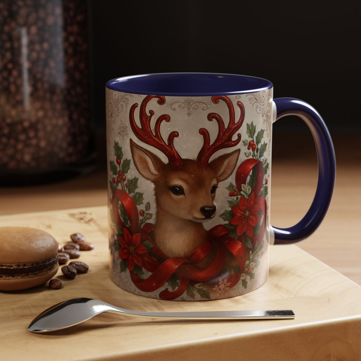 Ceramic Christmas Reindeer Coffee Mug with contrasting interior and handle, perfect for holiday sips.
