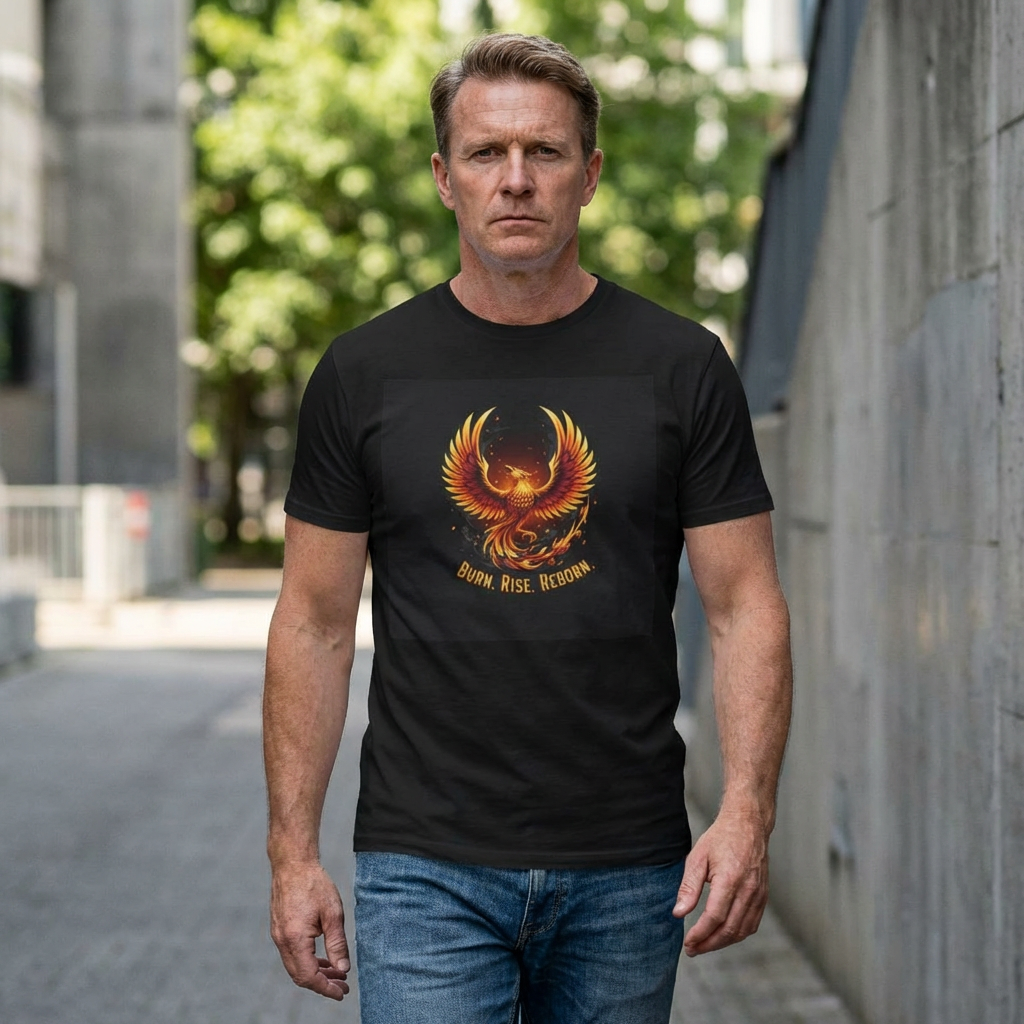 Man wearing Phoenix Graphic T-Shirt Burn Rise Reborn Flame Design in urban setting, featuring a vibrant phoenix design.