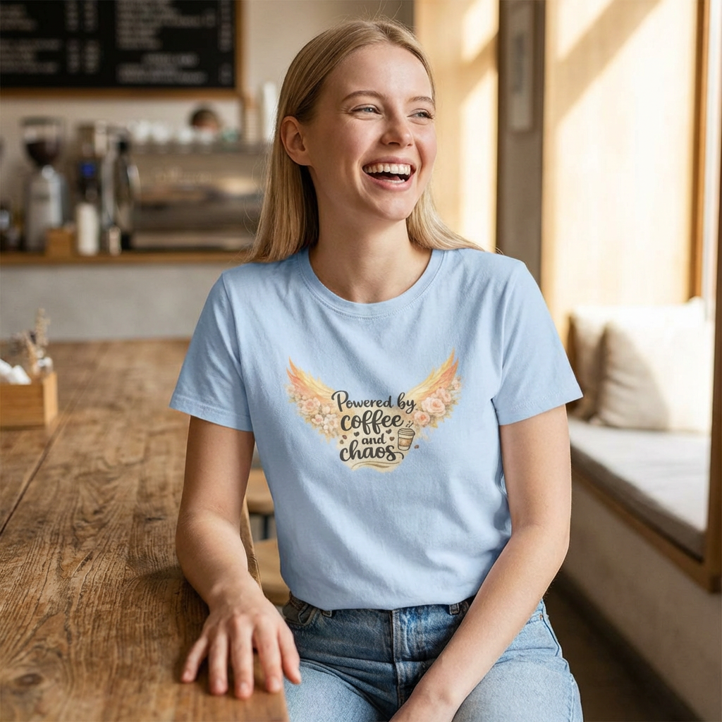 "Powered by Coffee and Chaos" Graphic Tee — Rebirth Stylish Women T-Shirt