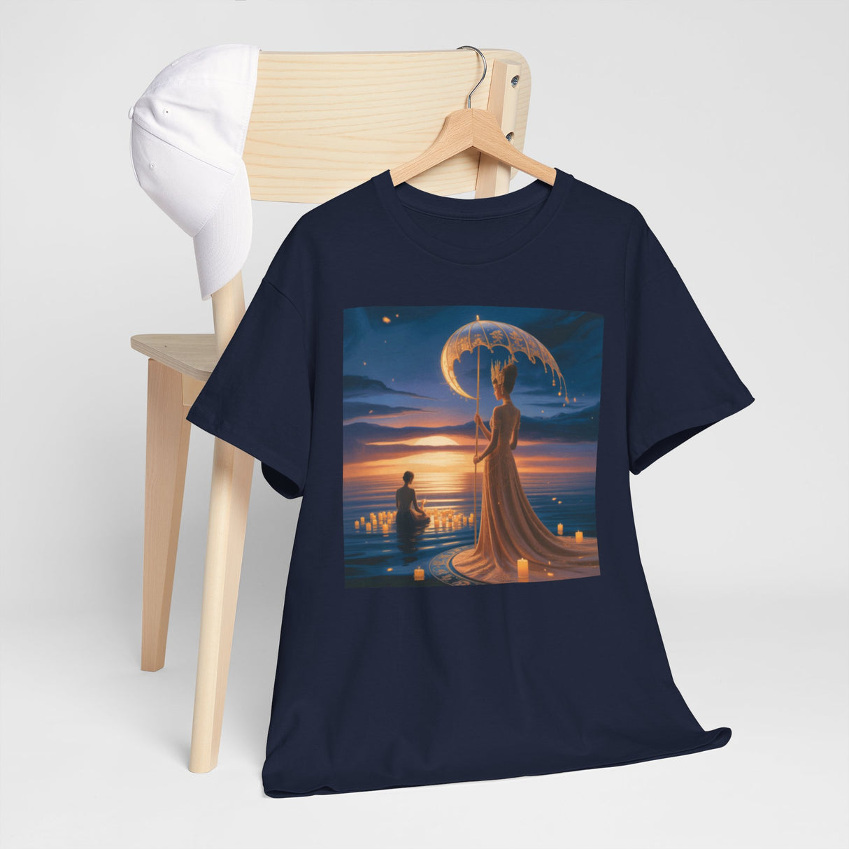 Romantic Moonlit Couple T-Shirt — Sunset Fantasy Illustration Tee prominently featuring its artistic design, perfect for summer evenings.