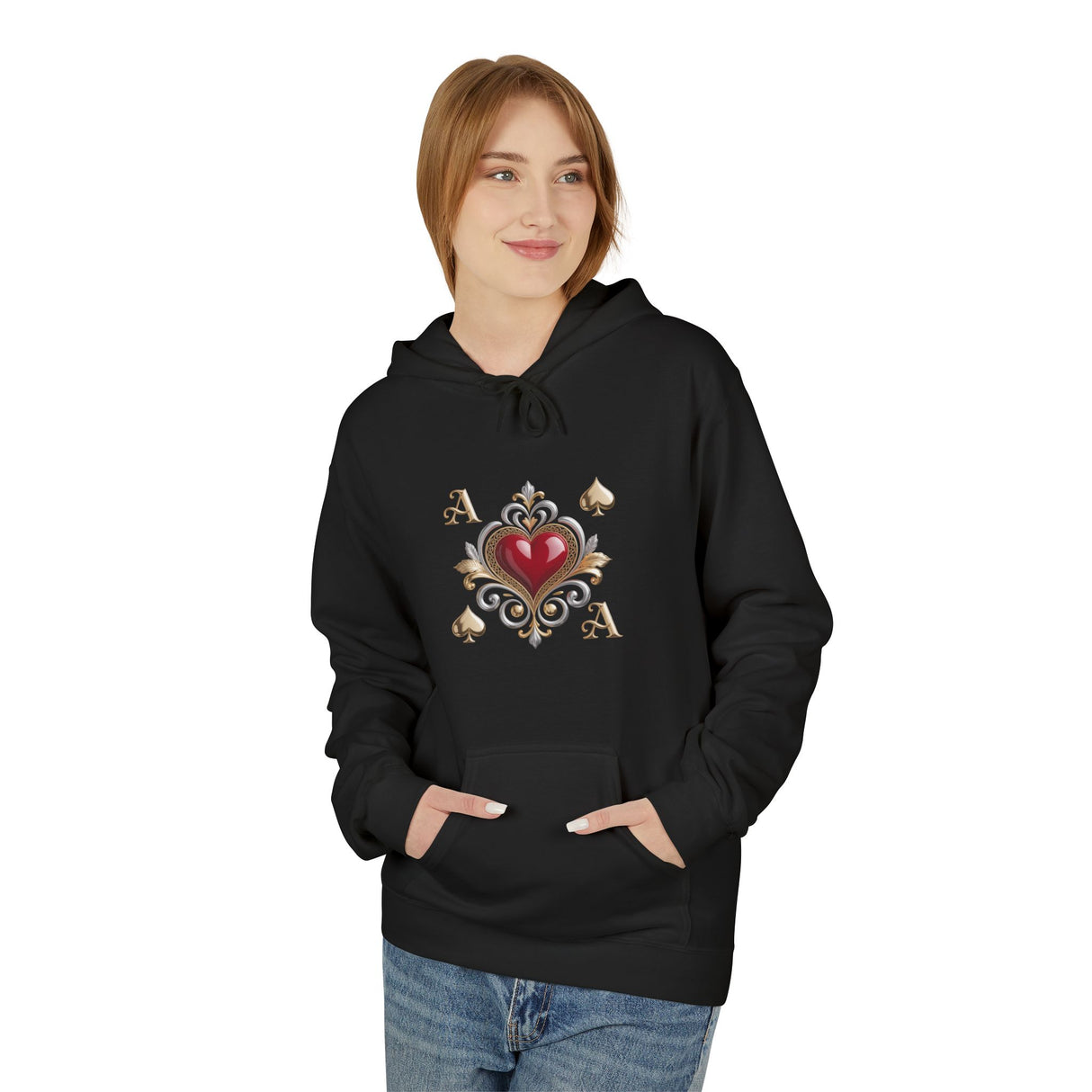 Model wearing the Ace of Hearts Decorative Hoodie, demonstrating its relaxed fit and vintage charm.