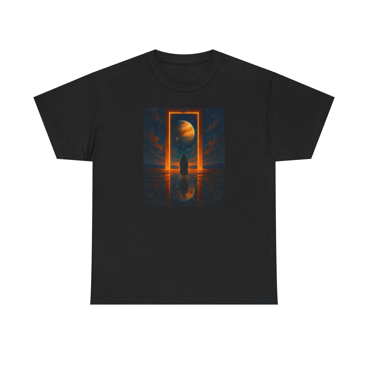 Surreal Portal Moon Tee held up to emphasize its unique graphic design and medium-weight cotton.