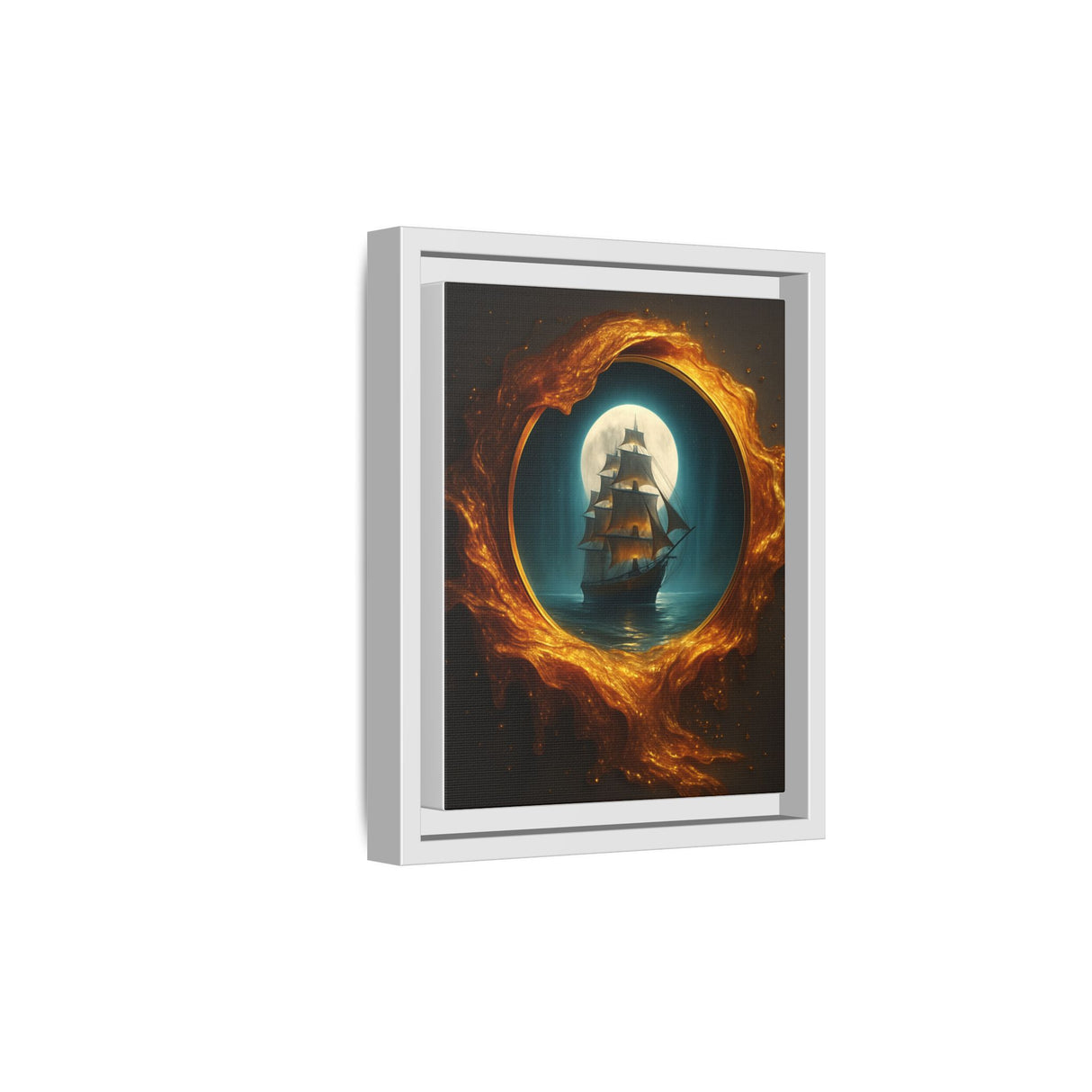Mood shot of Framed Matte Canvas - Moonlit Pirate Ship with Fiery Vortex paired with leather-bound books.