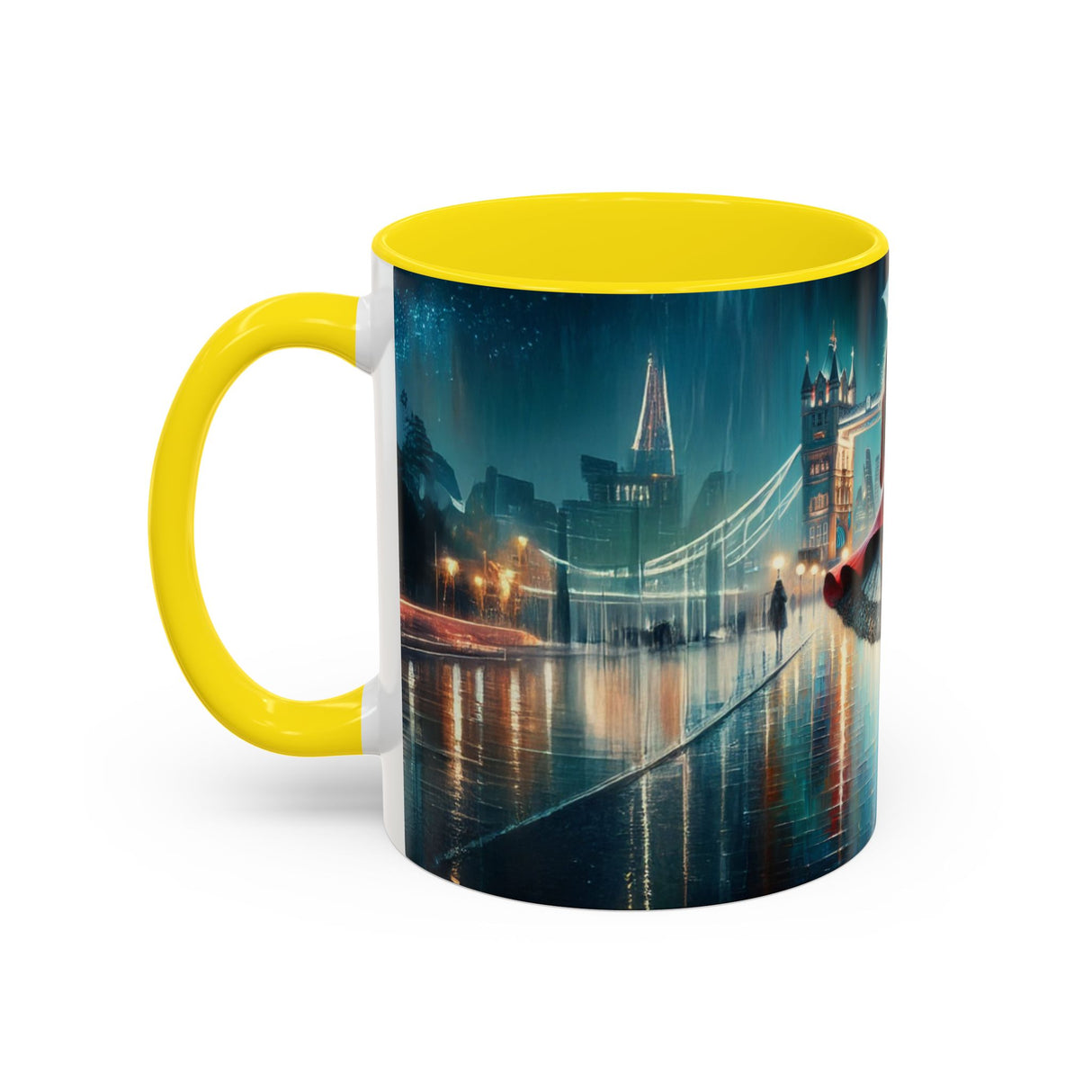 Glamorous Cityscape Coffee Mug with steam rising, showcasing its use for hot beverages.