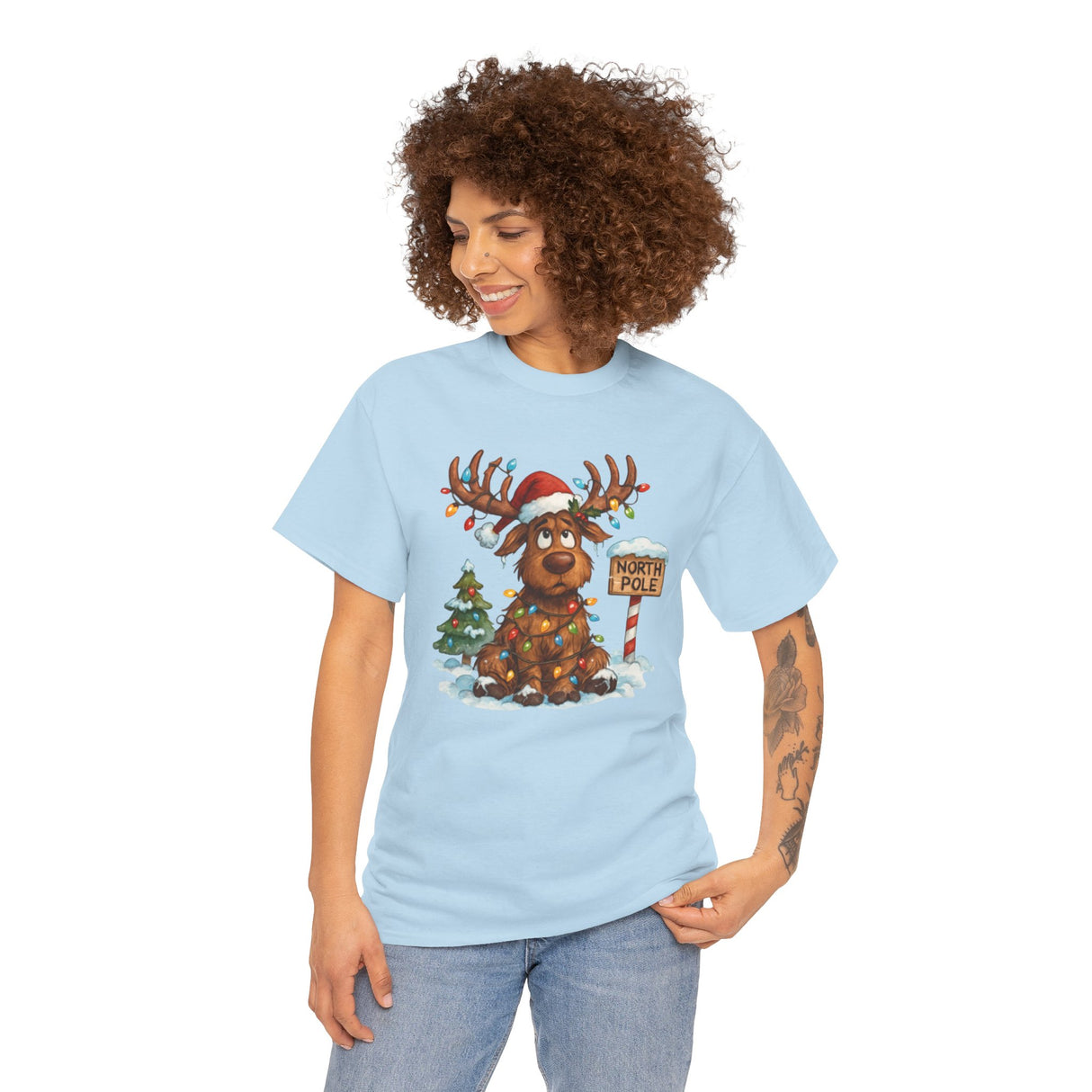 Showcasing the Christmas Reindeer Tee's unique design and comfortable wear for all-day fun.