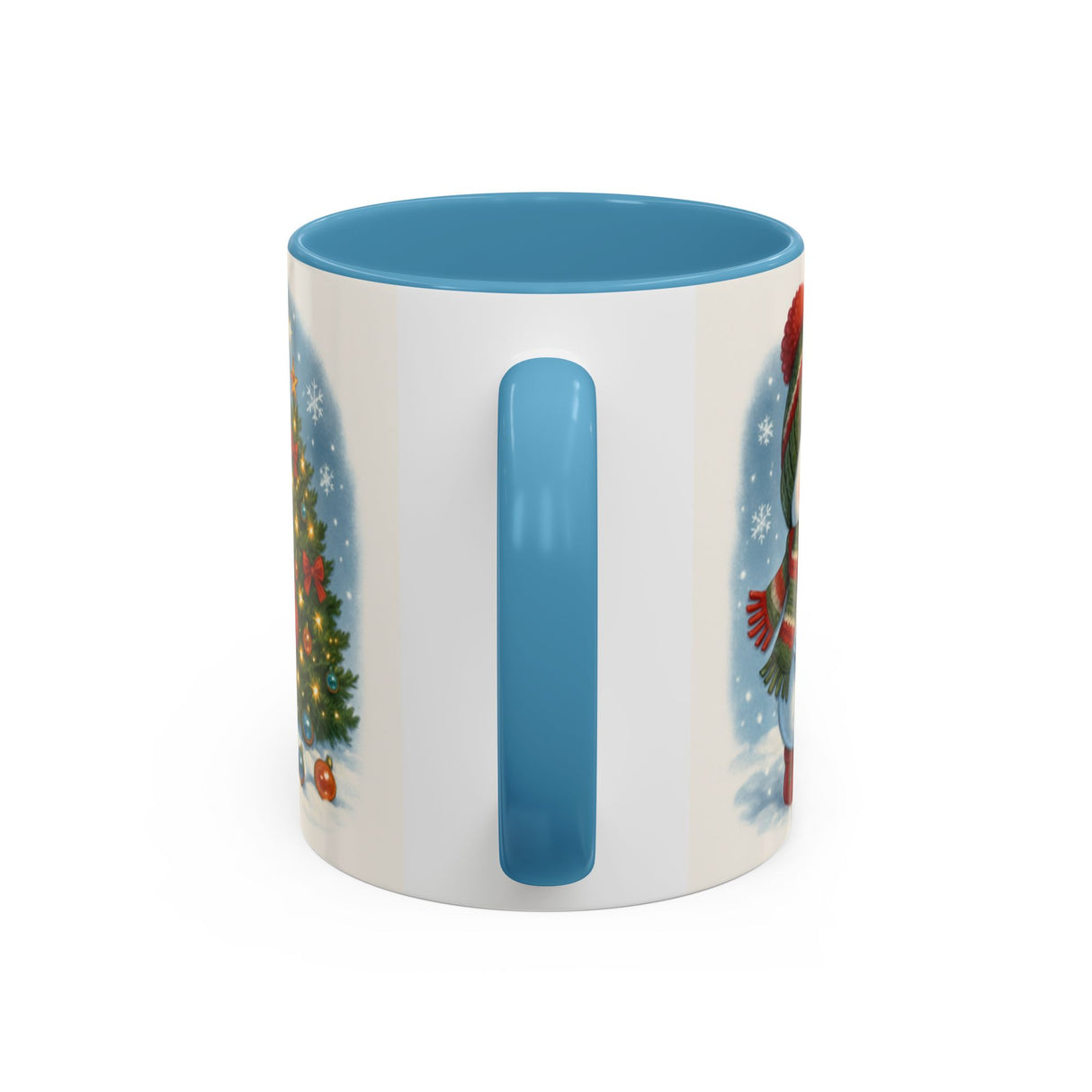 Close-up view of the Christmas Snowman Coffee Mug, showcasing its colorful and glossy holiday design.