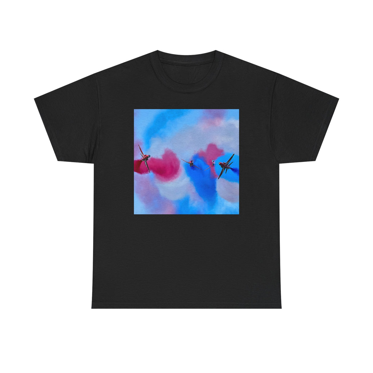 Aerial Smoke Display Tee — Blue & Pink Airshow Pilots T‑Shirt modeled on a person outdoors, highlighting its relaxed fit.
