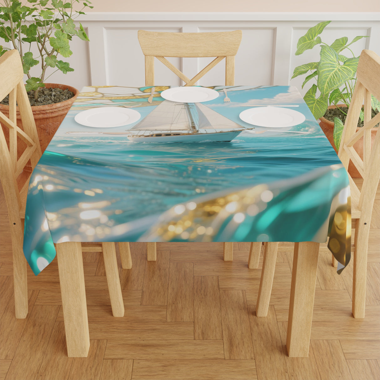 Bright and colorful Vintage Carved Birds Tablecloth highlighting the edge-to-edge print design and vibrant colors that enhance any dining space.