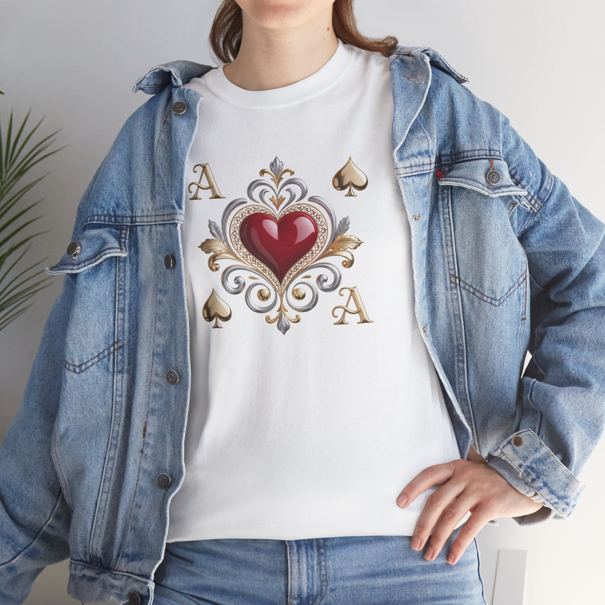 Model posing in the Ace of Hearts T-Shirt, capturing its romantic and roguish energy in a casual look.